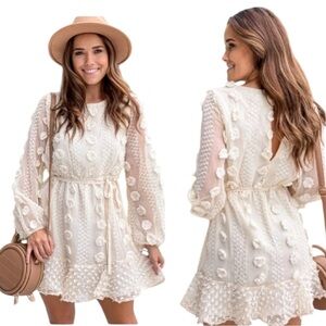 &Merci taupe embellished tie waist dress 3D Textured BOHO Fairy size Small